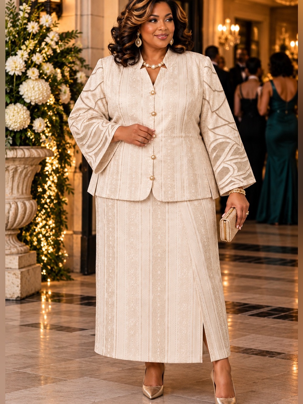 Donna Vinci NWT Size 24 Plus Ivory Jacquard 2-Piece Skirt Suit